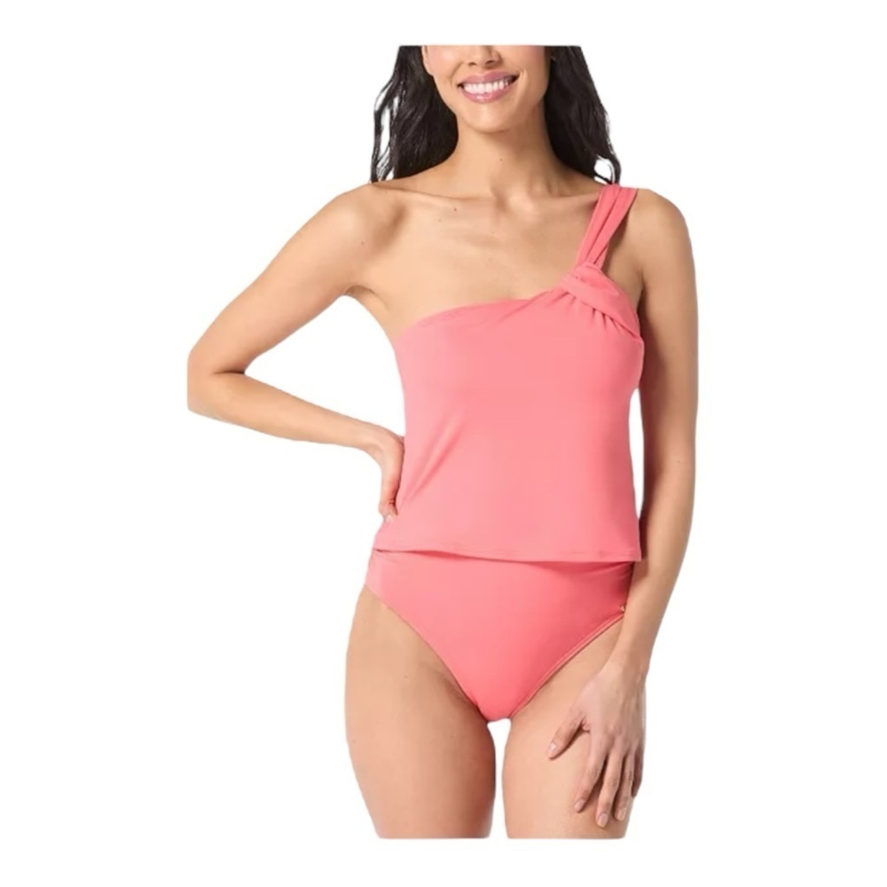 Vince Camuto One-Shoulder Tankini Top/High-Waisted Bottoms in Pop Coral NWT